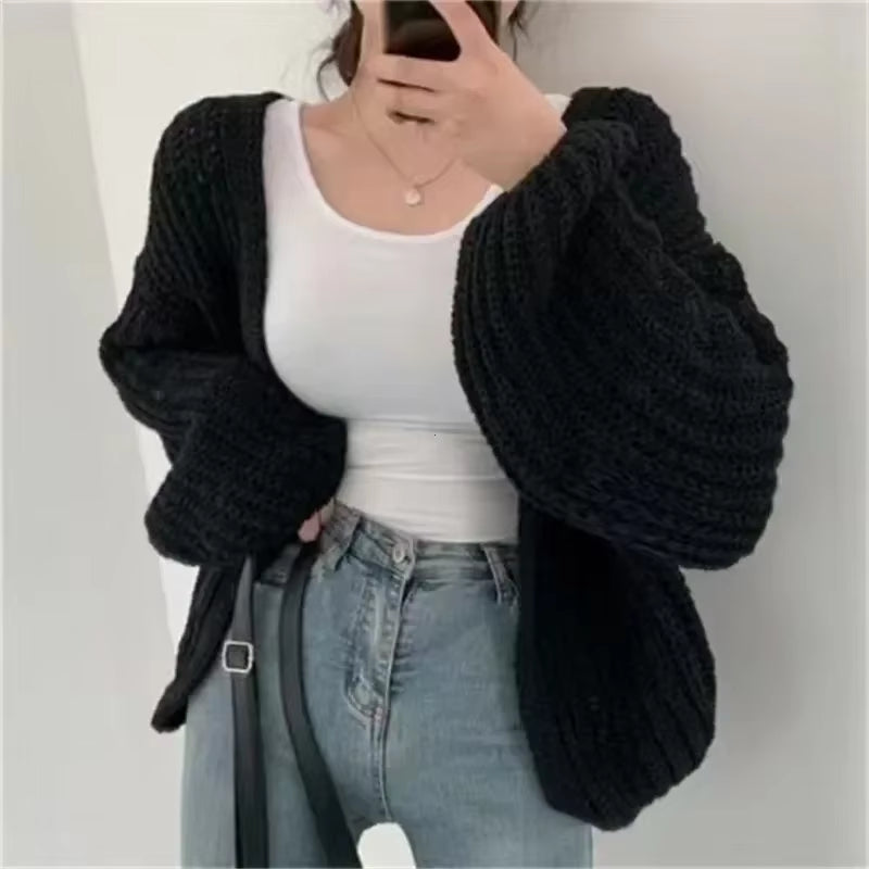 New 2024 Chic Korean Fashion Short Cardigans Knitted Poncho Women Summer Elegant Vintage Minimalist Lady Tops