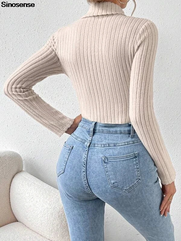 Women Fall Winter Ribbed Knit Bodysuit Turtleneck Long Sleeve Slim Fitted Stretchy Bodysuits Tops Casual Basic Leotards