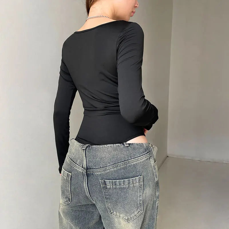 Women'S Bodysuits Autumn New Sexy Black Corset Slim Fashion Folds Bodysuits Long Sleeves Bodycon Female Elegant Knitted Rompers