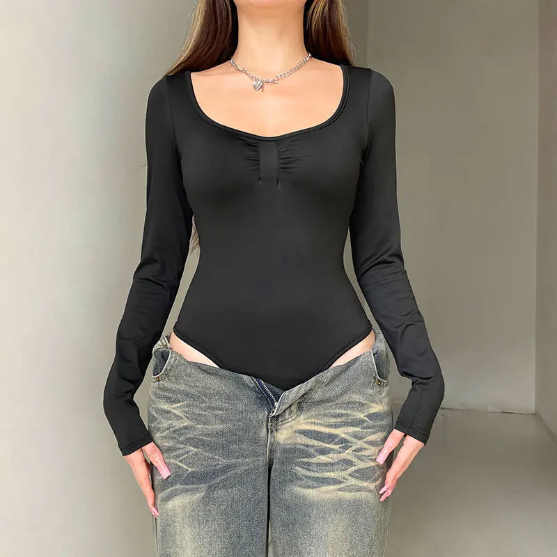 Women'S Bodysuits Autumn New Sexy Black Corset Slim Fashion Folds Bodysuits Long Sleeves Bodycon Female Elegant Knitted Rompers