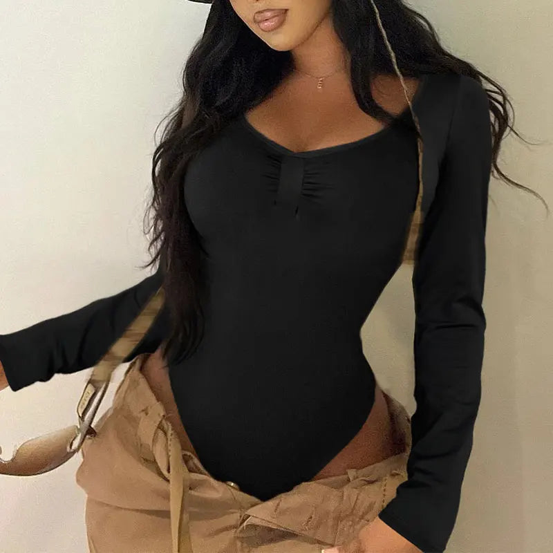 Women'S Bodysuits Autumn New Sexy Black Corset Slim Fashion Folds Bodysuits Long Sleeves Bodycon Female Elegant Knitted Rompers