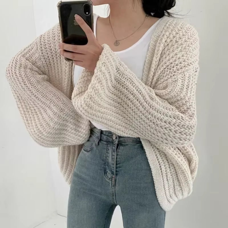 New 2024 Chic Korean Fashion Short Cardigans Knitted Poncho Women Summer Elegant Vintage Minimalist Lady Tops