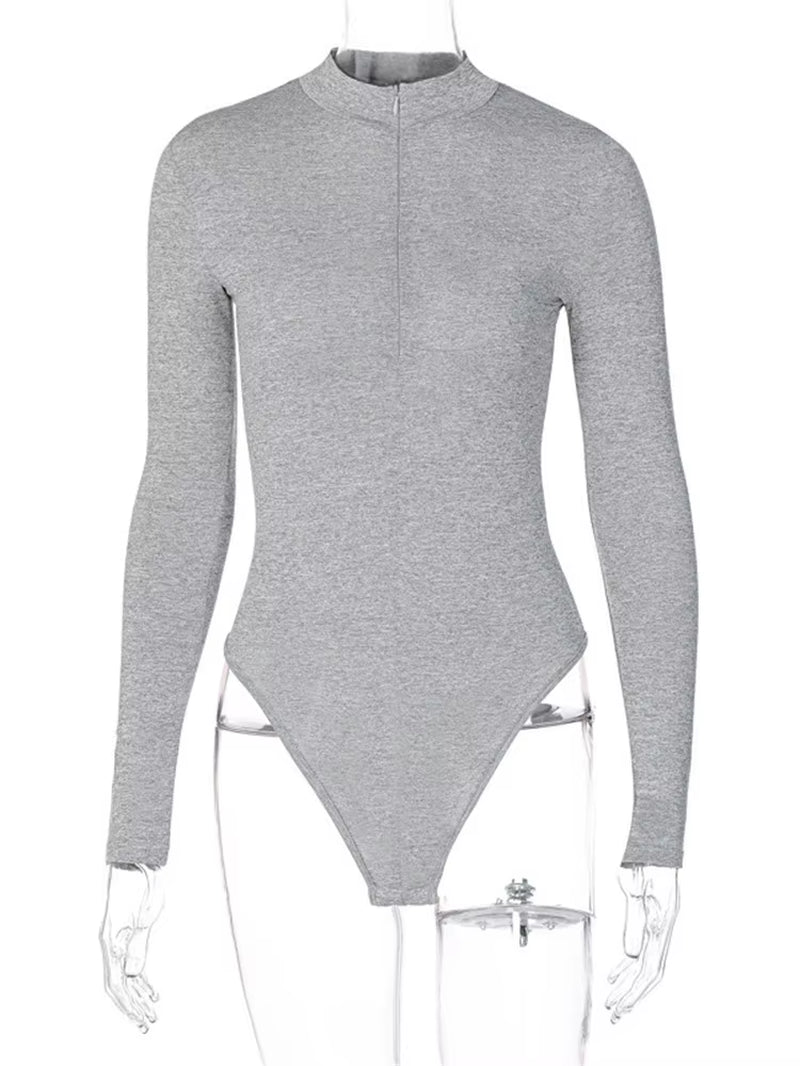 Shestyle Solid Zipper Bodycon Bodysuits Women Sexy Mock Neck Autumn Long Sleeve Fashion Slim Basic Body Winter Gray Outfits Lady