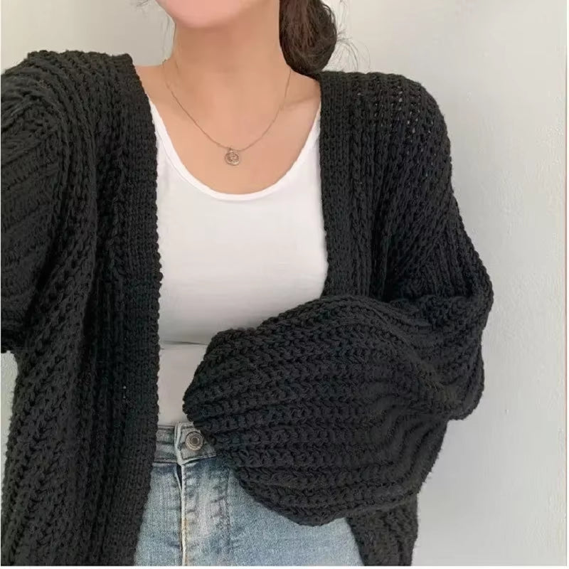 New 2024 Chic Korean Fashion Short Cardigans Knitted Poncho Women Summer Elegant Vintage Minimalist Lady Tops